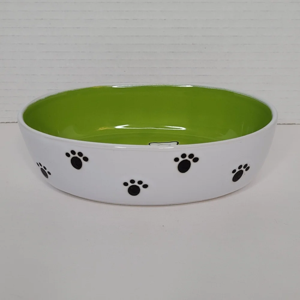 Green Oval Cat Bowl with Cartoon Cat Design and Paw Prints
